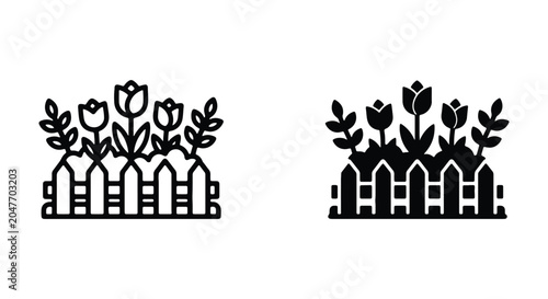 Flower garden icon set, vector illustration of tulips in a wooden fence, floral design elements for spring and gardening concepts
