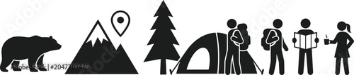 Photos Camping and Hiking Adventure Icon Set with Wildlife Tent Backpackers and Outdoor