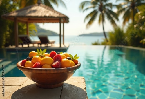 Luxurious Tropical Infinity Pool Cabana with Exotic Fruit Assortment