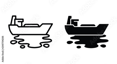 Oil spill icon set, tanker ship leaking oil, environmental pollution symbol, vector illustration