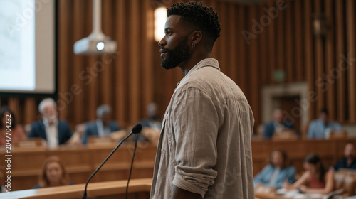 Heated city council deliberation unfolds as resident approaches public comment microphone, elected members exchanging documents behind official nameplates, overhead projector