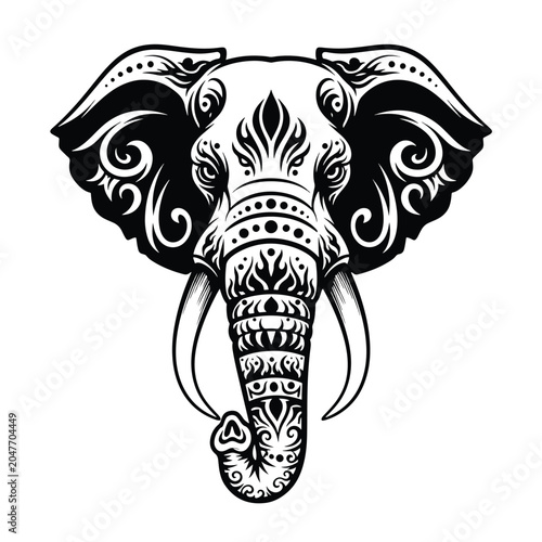 Intricate Tribal Elephant Head Illustration in Black and White.