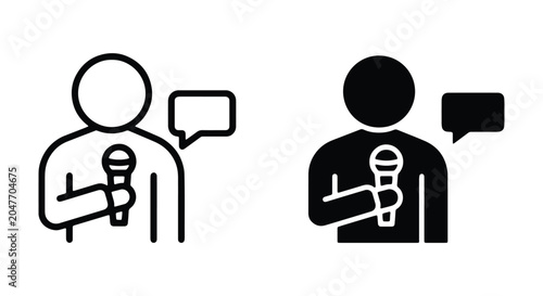 Tableau sur toile Person holding a microphone with a speech bubble icon, representing an interview