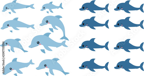 Foto Cute Dolphin and Shark Cartoon Character Set Collection with Different Poses Mar