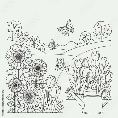 Black and white coloring page featuring a beautiful garden with sunflowers tulips butterflies and a watering can.