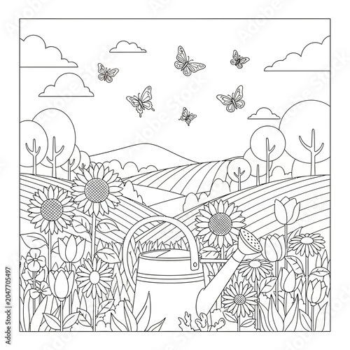 Black and white coloring page featuring a beautiful garden with sunflowers tulips butterflies and a watering can.