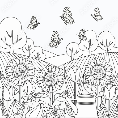 Black and white coloring page featuring a beautiful sunflower garden with butterflies and rolling hills.