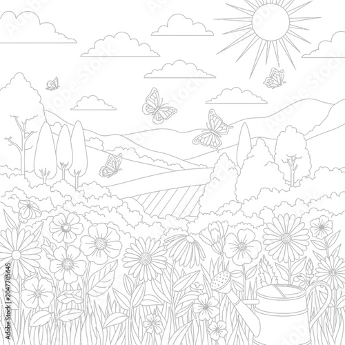 A beautiful spring landscape coloring page featuring flowers butterflies and a watering can.
