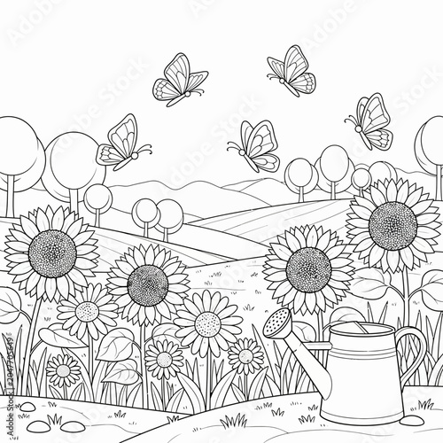 Black and white coloring page featuring a sunflower field with butterflies and a watering can.