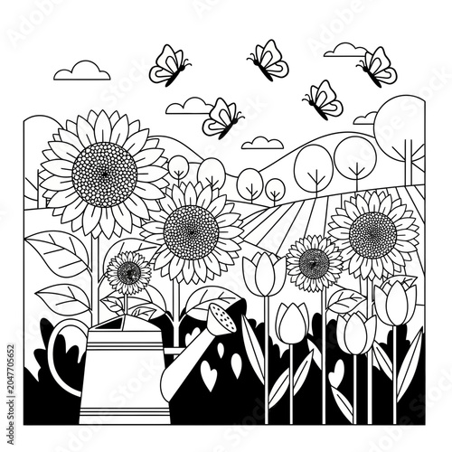 Black and white coloring page featuring a beautiful garden with sunflowers tulips butterflies and a watering can.