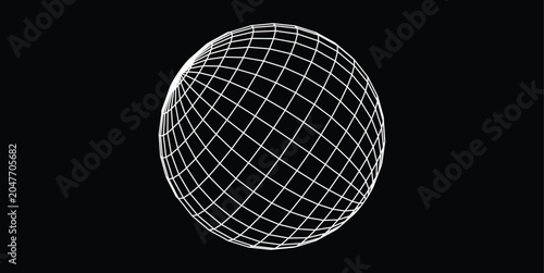 White Wireframe Sphere Mesh On Black Background 3D Grid Globe Abstract Geometry