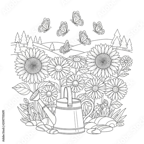 Black and white coloring page featuring sunflowers a watering can and butterflies in a garden.