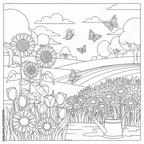 Black and white coloring page for adults featuring a beautiful summer garden with sunflowers and butterflies.