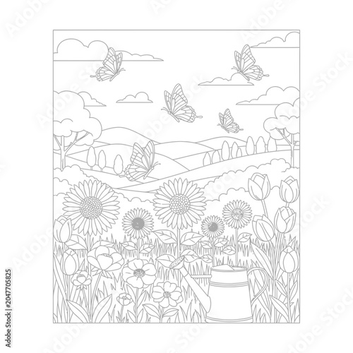 Black and white coloring page featuring a beautiful garden with flowers butterflies and a watering can.