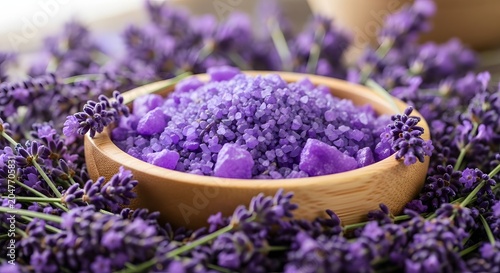 Natural lavender bath salt in a wooden bowl surrounded by fresh purple lavender flowers for wellness and spa relaxation