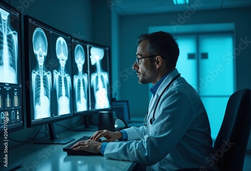 Doctor Analyzing X-Ray Images on Lightbox with Deep Focus