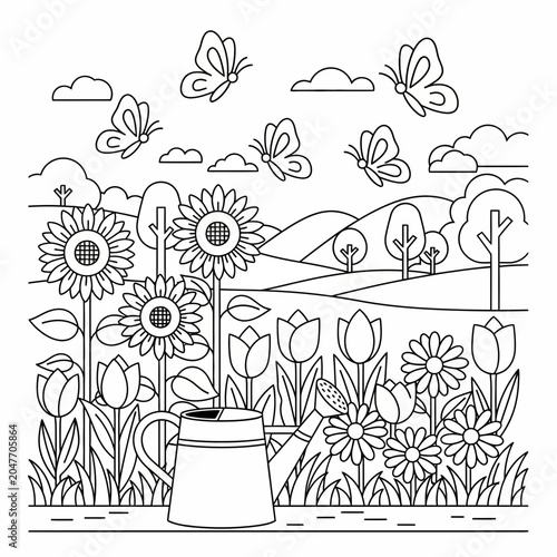Black and white coloring page featuring a beautiful garden with sunflowers tulips and butterflies.