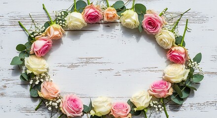 Beautiful floral wreath made of roses and greenery on white wooden background
