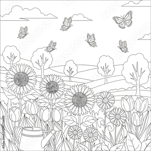 Black and white coloring page featuring a beautiful garden with sunflowers tulips butterflies and a watering can.