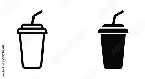 Set of disposable paper cups with straws, outline and solid icons for fast food drinks