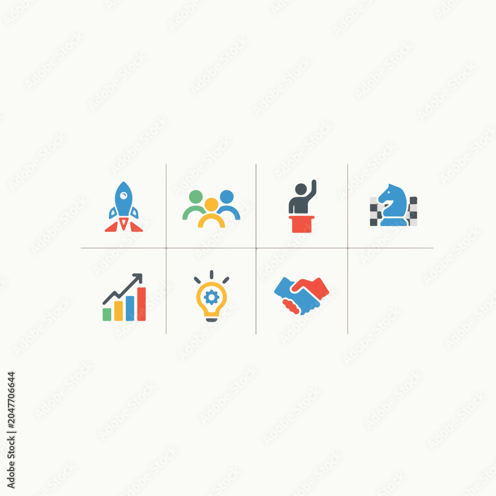 Fototapeta premium Modern Business and Startup Icons Set with Leadership, Strategy, Growth, and Teamwork Symbols