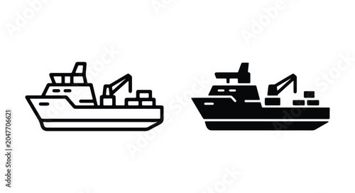 Cargo ship icon set, vector illustration of a freight vessel with crane and containers