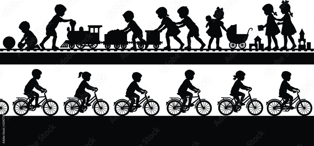 Fototapeta premium Children Playing with Toy Train and Riding Bicycles Silhouette Set for Childhood Recreation Concepts