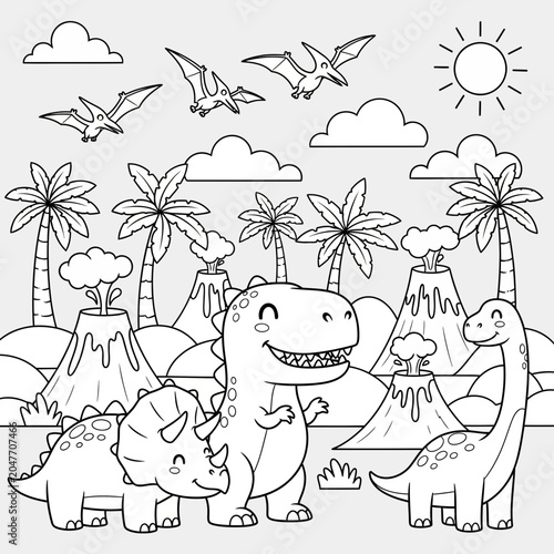 Cute Dinosaurs Coloring Page, Happy T-Rex, Triceratops, and Brontosaurus in Prehistoric Landscape with Volcanoes, Palm Trees, and Flying Pterodactyls, Black and White Outline