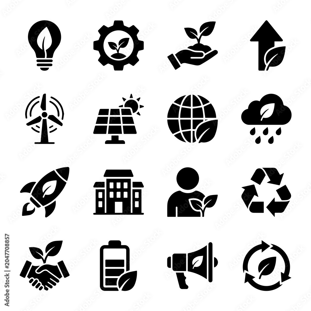 Obraz premium Ecology Icons Set Flat Black Silhouettes On White Background