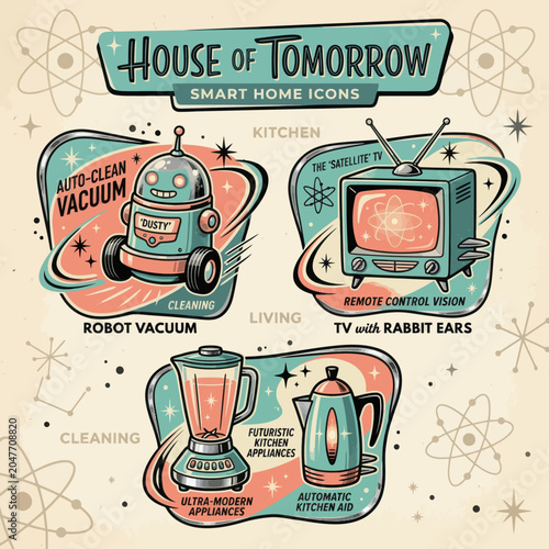 Retro futuristic kitchen appliance posters featuring a robot vacuum and blender