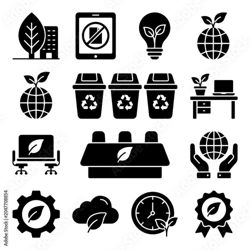 Tableau sur toile Ecology Icons Collection Black Flat Pictograms On White Background