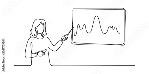 Tablou pe pânză Woman pointing at a fluctuating line graph on a screen, simple continuous line a