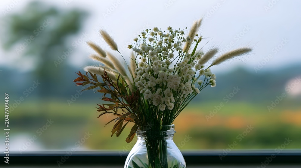 Obraz premium An elegant glass vase holds dried botanical stems set against a soft natural outdoor background