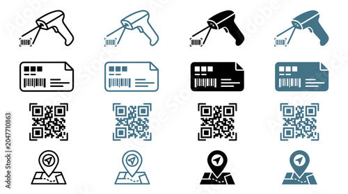 Set of four distinct icon designs for barcode scanners cards QR codes and location maps