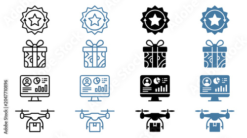 Collection of business and technology icons including star badge gift monitor and drone delivery