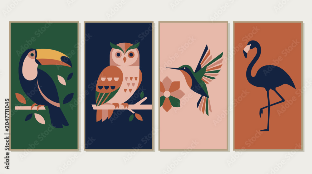 Naklejka premium Abstract Geometric Bird Art Collection: Toucan Owl Hummingbird Flamingo in Modern Style