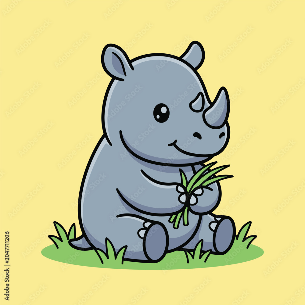 Obraz premium Cute rhino holding grass vector icon illustration animal nature icon isolated flat vector