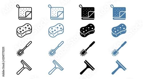 Collection of Cleaning Tool Icons: Towel Sponge Toilet Brush and Squeegee in Various Styles