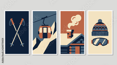 Winter Sport Collection: Ski Poles Gondola Cozy Cabin and Ski Gear Minimalist Posters