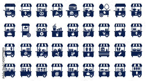 Diverse Collection of Food Stands and Snack Carts Icons for Culinary Street Vendor Concepts