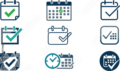 Calendar icon set with check mark clock schedule planner appointment event and time management vector illustration isolated