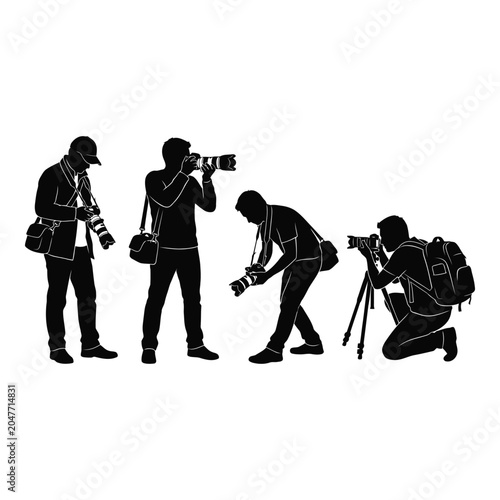 Set of silhouettes of photographers in various shooting positions vactor file