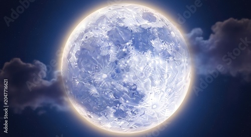 A full moon with intricate patterns and a glowing halo, set against a dark blue sky with scattered clouds, casting a soft glow on the moon's surface.