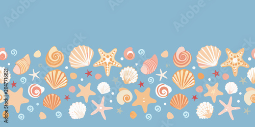 seashell border pattern on blue background starfish