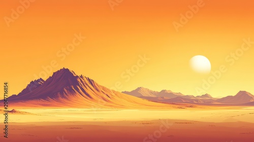 A vast, golden desert landscape with a large, bright sun and a range of mountains in the distance.