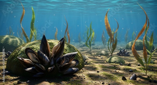 Mussels cling to a mossy rock on the sandy floor of a clear freshwater lake under shimmering sunlight.