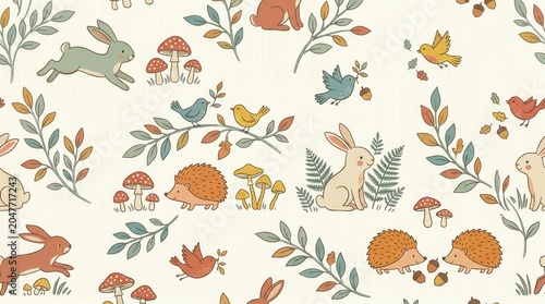 Seamless pattern of friendly forest animals playing among colorful leaves and various mushrooms