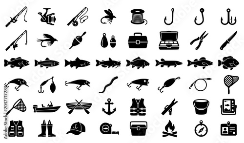 Canvastavla Fishing Icon Collection Flat Black Vector Illustration