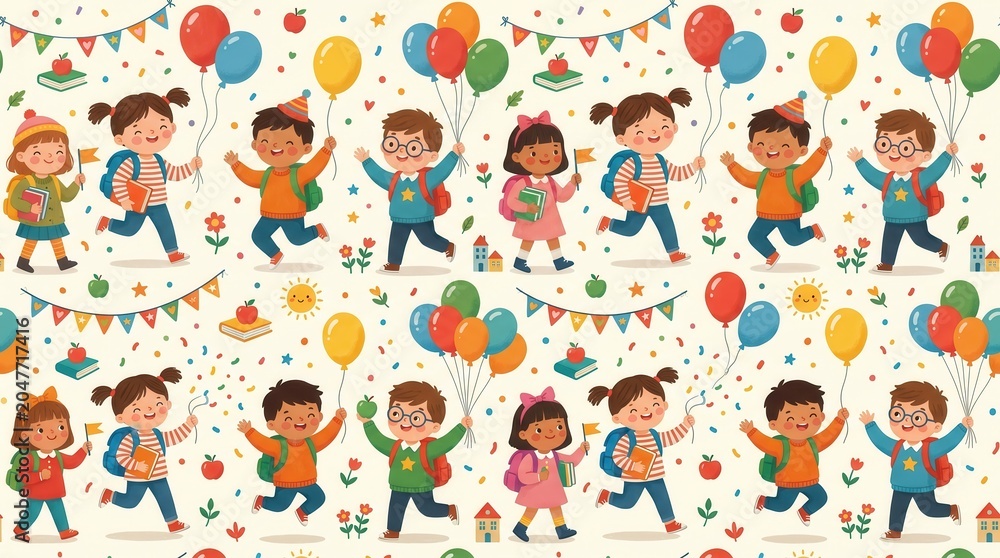 Fototapeta premium Many happy students run, walk, and jump, holding balloons, books, and confetti, celebrating school