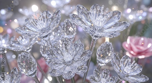 A close-up of a crystal flower arrangement with a pink rose in the background, set against a blurred, sparkling backdrop.